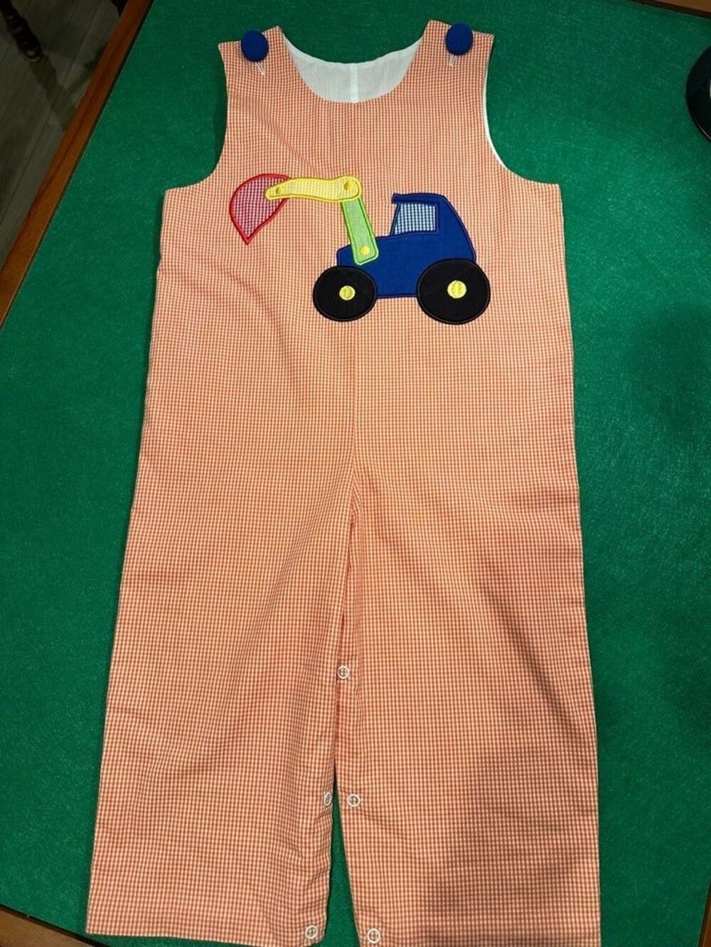 Vintage-Style Boys Orange Gingham Longall Romper with Excavator Appliqué